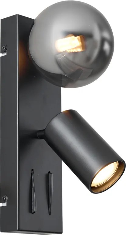 Lampă de perete modernă neagră cu 2 lumini, înclinabilă, cu port USB-C - Lesly