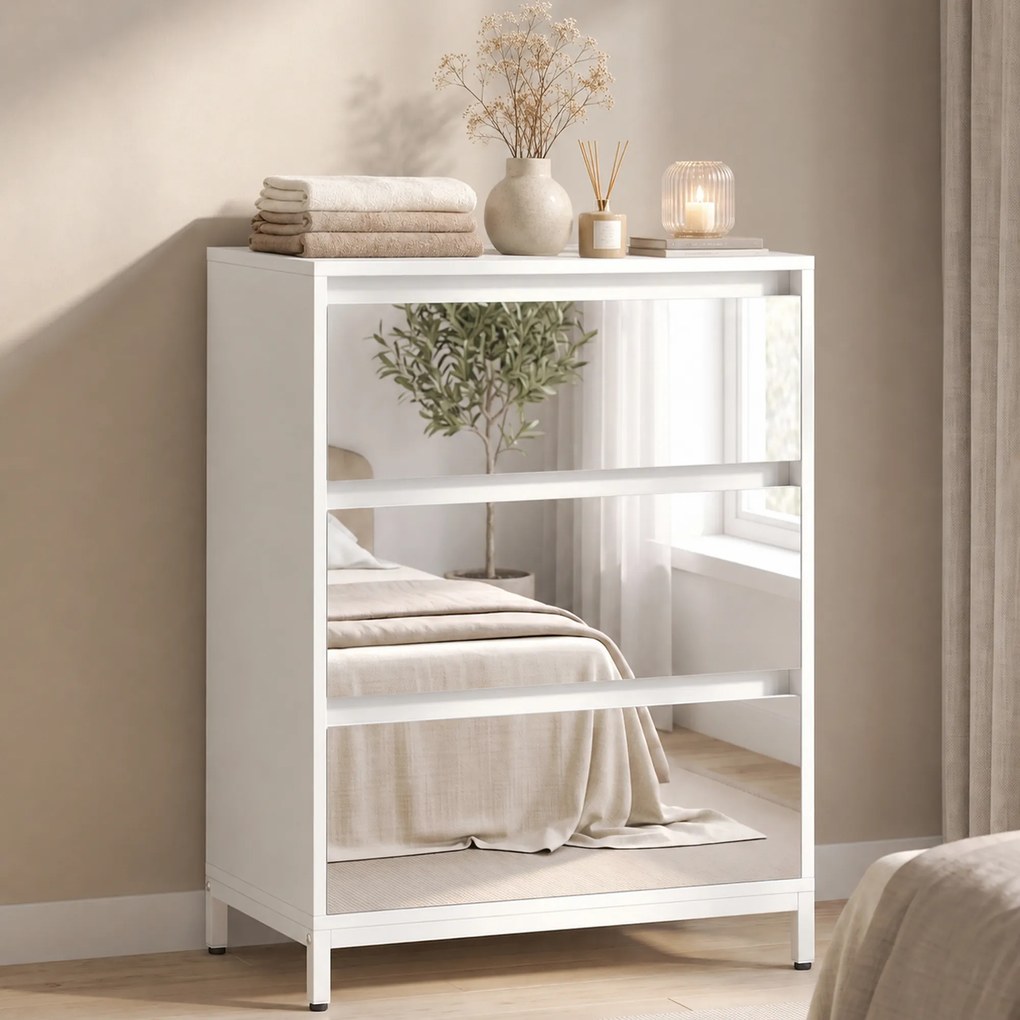 HOMCOM Comodă cu 3 Sertare și Fronturi Oglindă, Design Modern pentru Dormitor sau Hol, 60x35x80 cm, Albă | Aosom Romania