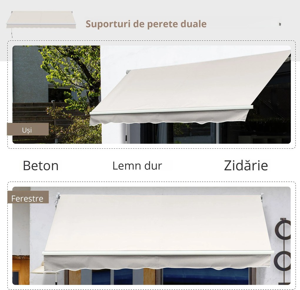 Outsunny Copertină Manuală pentru Soare, Cadru din Aluminiu și Poliester, Protecție UV, 200x295 cm, Alb Crem | Aosom Romania