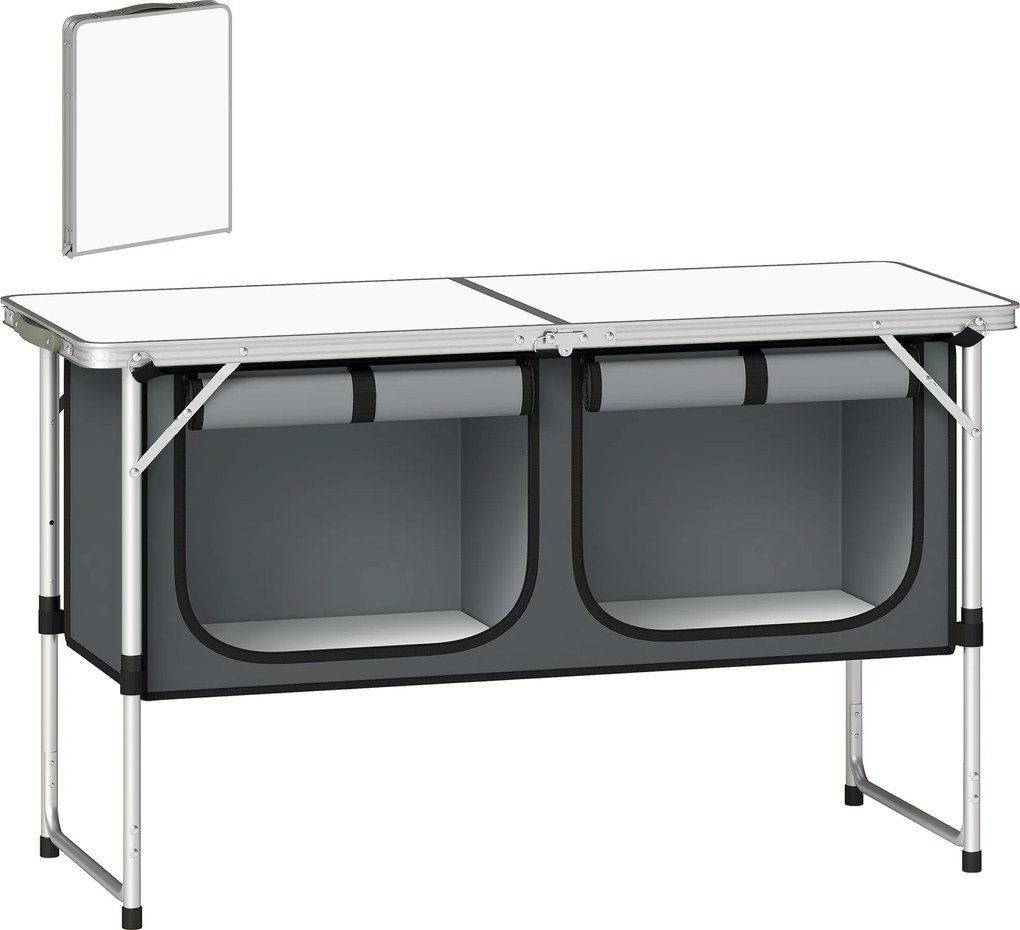 Outsunny Masă de Bucătărie pentru Camping Pliabilă cu Dulap din Material Oxford Cadru din Aluminiu pentru Picnic 120x47x70 cm Argintiu | Aosom Romania
