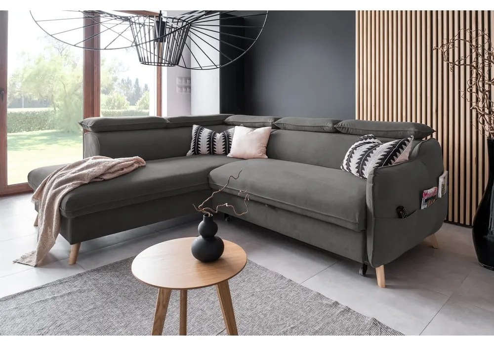 Colțar gri închis extensibil cu tapițerie din catifea (cu colț pe partea stângă ) Sweet Harmony – Miuform