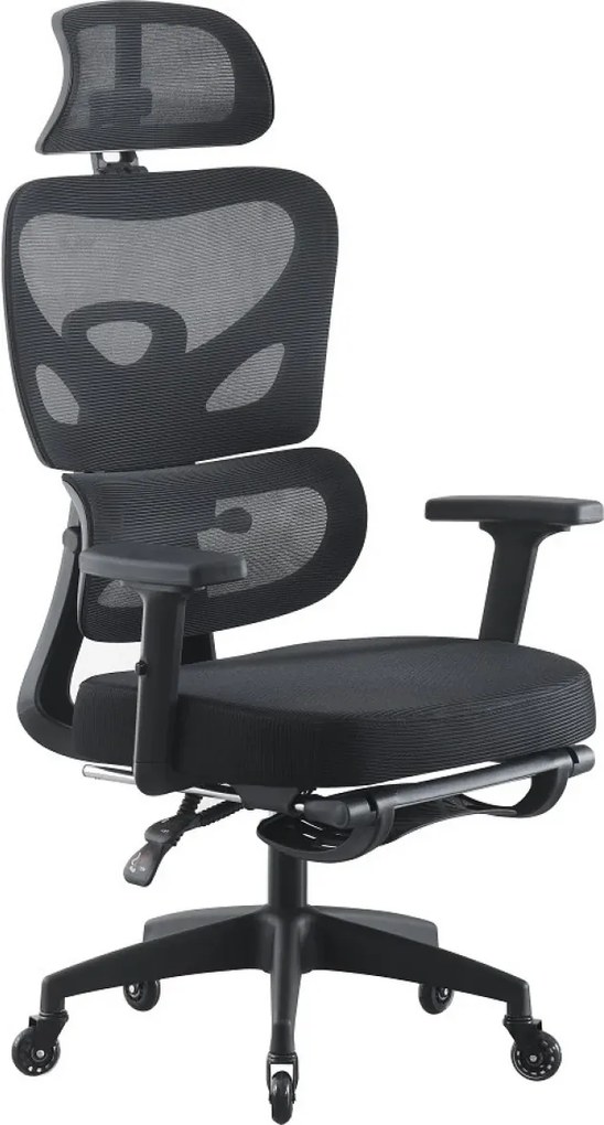 Scaun ergonomic, cotiere 3D, suport lombar adaptiv, spătar reglabil pe inaltime, tetiera 3D, suport pentru picioare, pivotant, Mesh, Negru