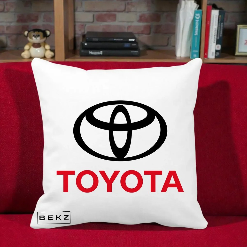 Perna Personalizata cu emblema Toyota, 40x40 cm, Alba Mata, Husa Detasabila, Perna Inclusa, BEKZ®