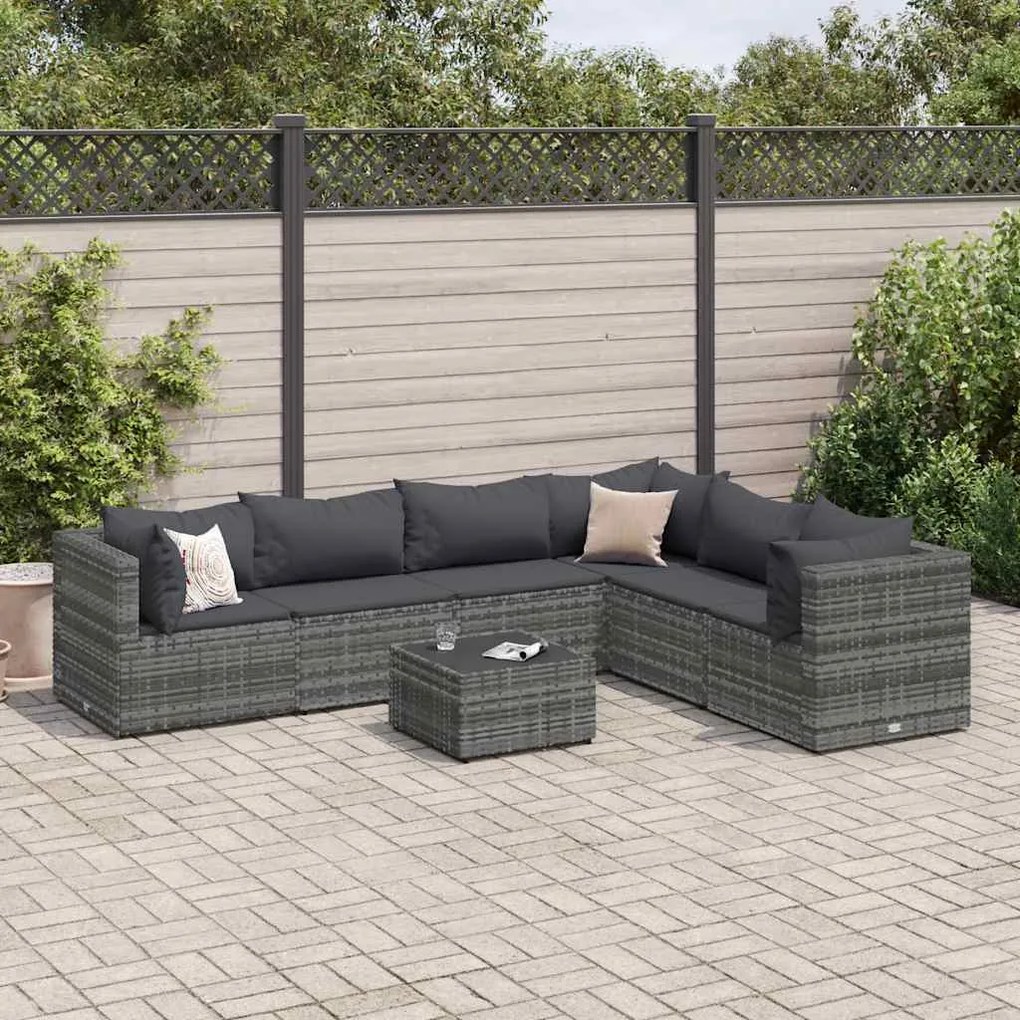 vidaXL Set mobilier de grădină cu perne, 7 piese, gri, poliratan