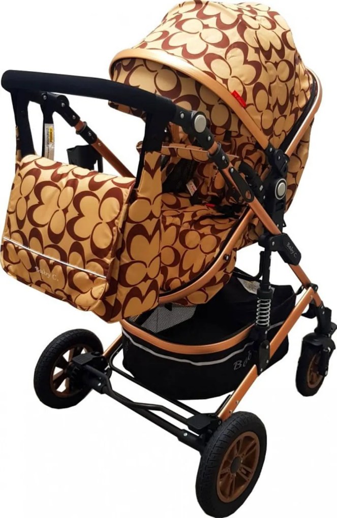 Carucior nou nascuti 3 in 1 Baby Care™ PRO 531, Cu geanta bebe, Cadru Aluminiu Gold , Amortizoare, Roti din cauciuc plin AVE, Landou, Scoica auto,