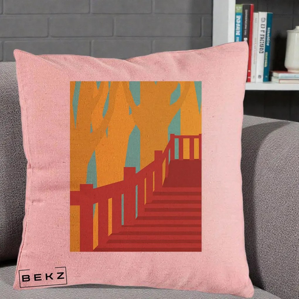 Perna Decorativa Scari Toamna Peisaj Grafic, 40x40 cm, Roz, Husa Detasabila, Perna Inclusa, BEKZ®