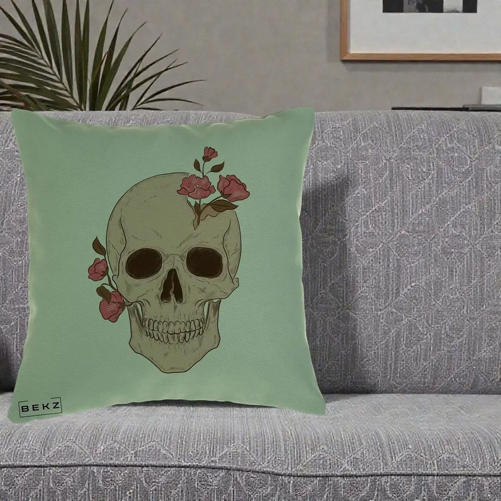 Perna Decorativa Craniu Floral Gothic, 40x40 cm, Verde, Husa Detasabila, Perna Inclusa, BEKZ®