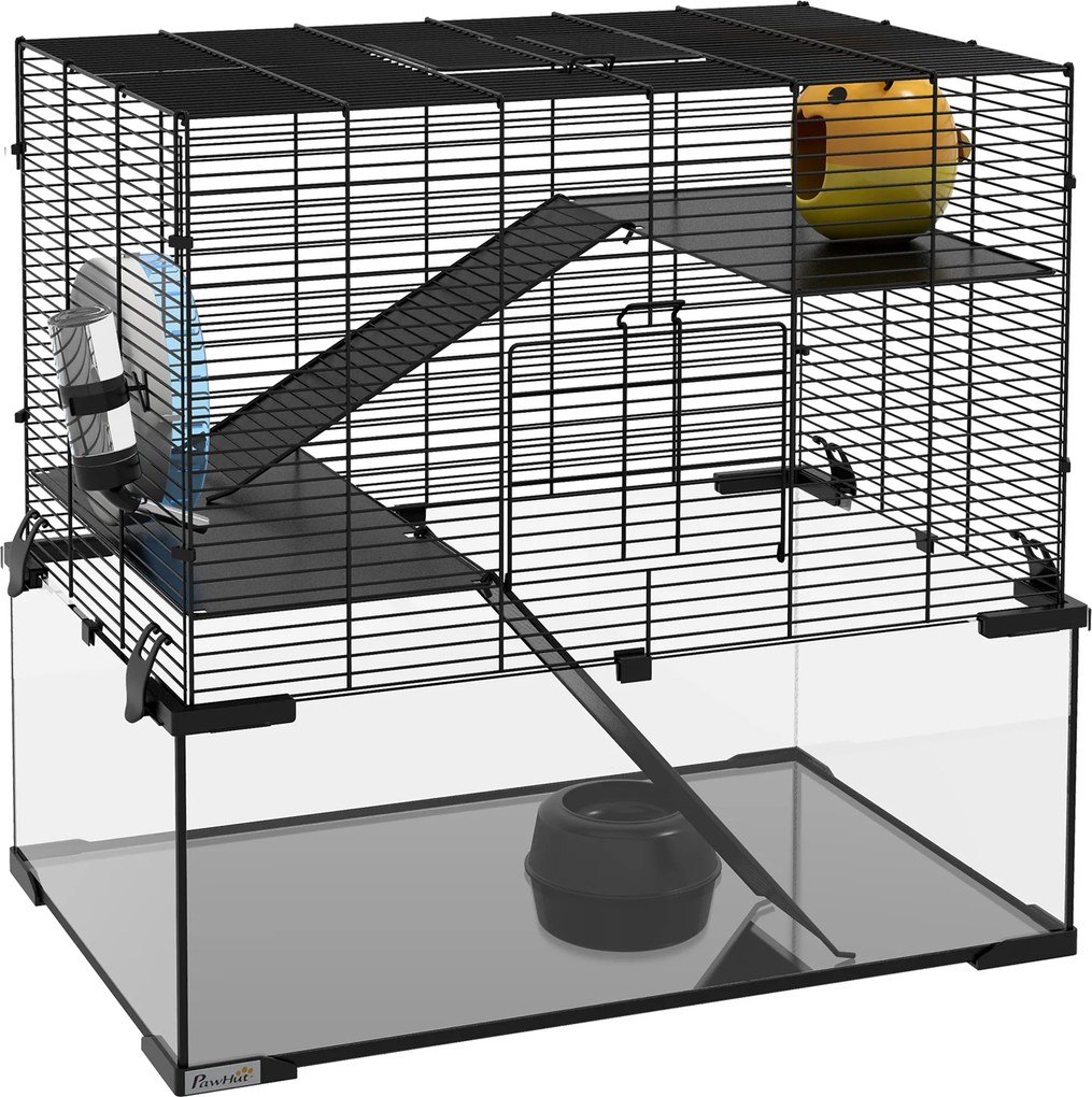 PawHut Cușcă pentru Hamsteri, Gerbili și Animale Mici din Fir de Otel și Sticlă cu Rotiță, 60x40x57 cm, Negru | Aosom Romania