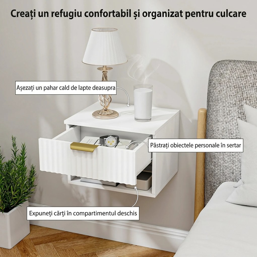 HOMCOM Set de 2 Noptiere Suspendate cu Panouri Canelate, Sertar și Raft, 40x34x29 cm, Alb | Aosom Romania