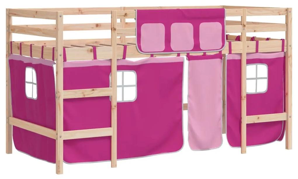 3206966 vidaXL Pat etajat de copii cu perdele, roz, 90x200 cm, lemn masiv pin
