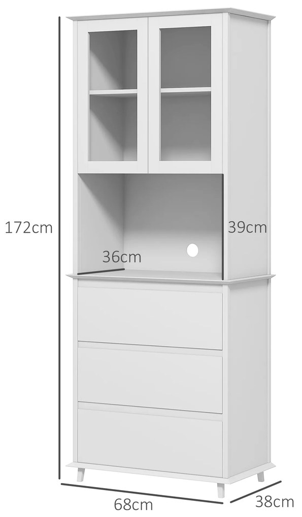 HOMCOM Bufet cu Cabină, Dulap de Bucătărie Independent cu Uși de Sticlă, 3 Sertare și Raft Reglabil, 68x38x172 cm, Alb | Aosom Romania