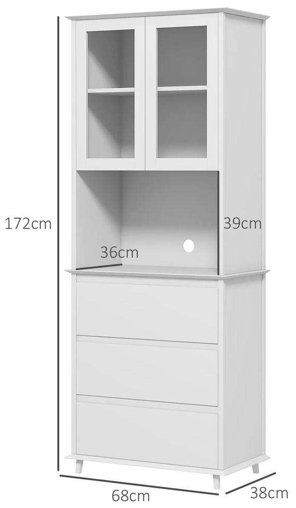 HOMCOM Bufet cu Cabină, Dulap de Bucătărie Independent cu Uși de Sticlă, 3 Sertare și Raft Reglabil, 68x38x172 cm, Alb
