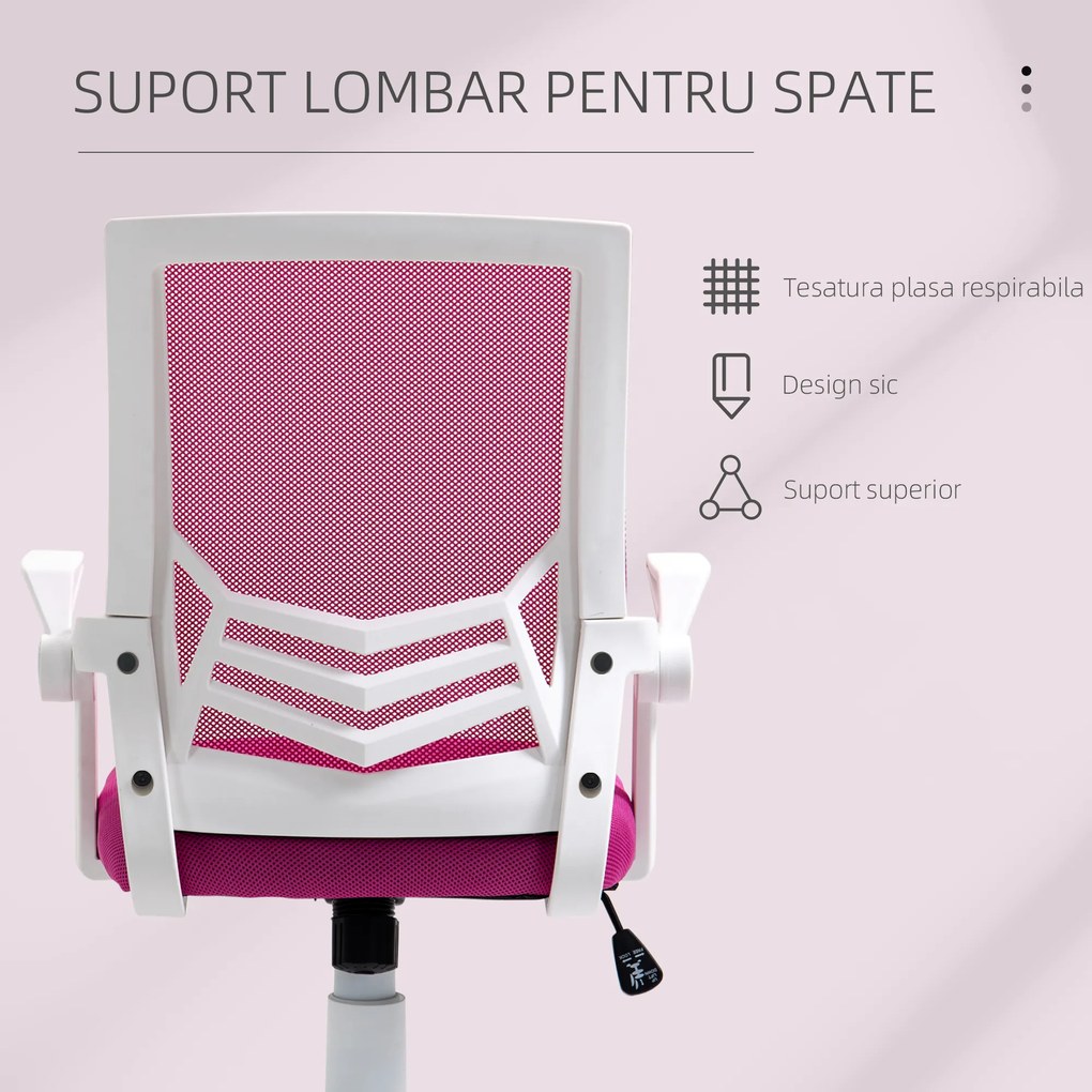 Scaun de Birou Ergonomic Vinsetto cu Cotiere si Suport Lombar, Pivotant, Inaltime Reglabila, Tesatura Roz | Aosom Romania