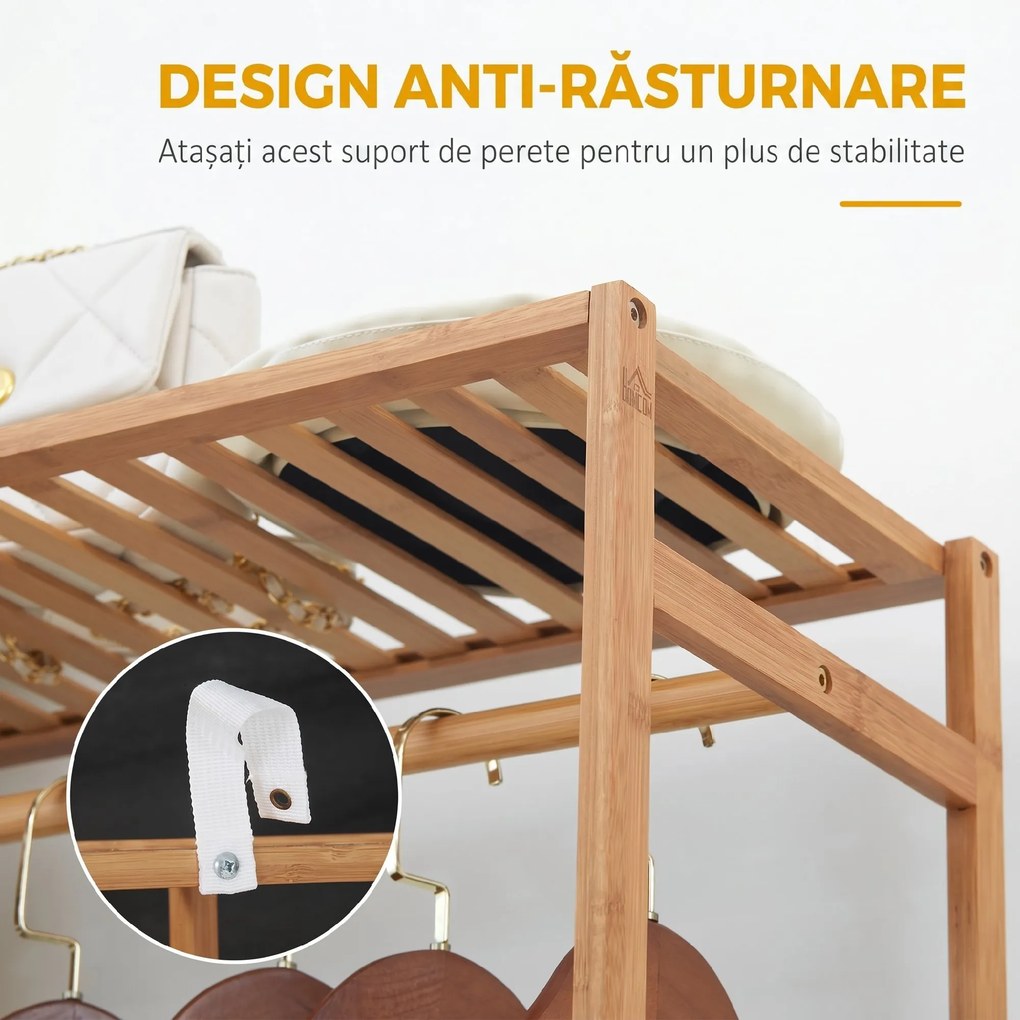 HOMCOM Suport pentru Haine din Bambus cu Rafturi pe 6 Niveluri și Bară pentru Haine, Stender pentru Dormitor și Hol, Design Modern, 90x30x145 cm, Lemn Natural | Aosom Romania