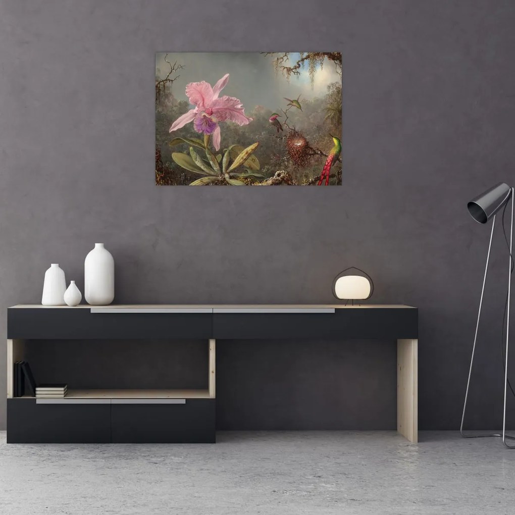 Tablou pe sticlă - Martin Johnson Heade, Cattleya Orchid and Three Hummingbirds, reproducere (70x50 cm)
