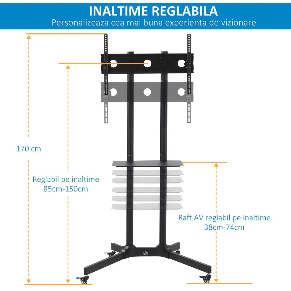 HOMCOM Carucior Suport Televizor cu Roti pentru TV 32-65" s VESA Maxim 600x400mm, Inaltime si Unghi Reglabile, Negru