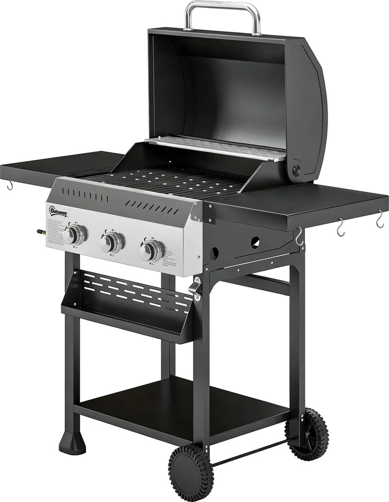 Outsunny Grătar pe gaz 9 KW 3 arzătoare Cărucior BBQ din oțel inoxidabil incl masă laterală rabatabilă suport pentru condimente raft inferior 6 cârlige | Aosom Romania
