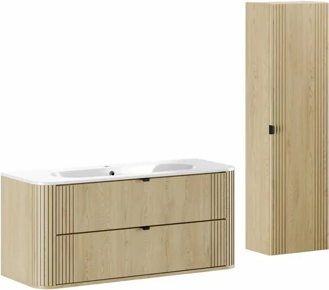 Set dulap baza suspendat 120 cm cu lavoar si dulap coloana Comad Ovalia stejar Cremona