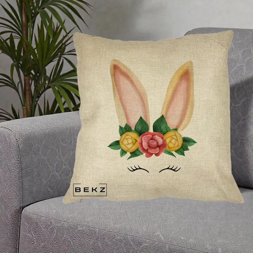 Perna Decorativa Iepuras Flori Urechi Pastelui, 40x40 cm, Crem, Husa Detasabila, Perna Inclusa, BEKZ®