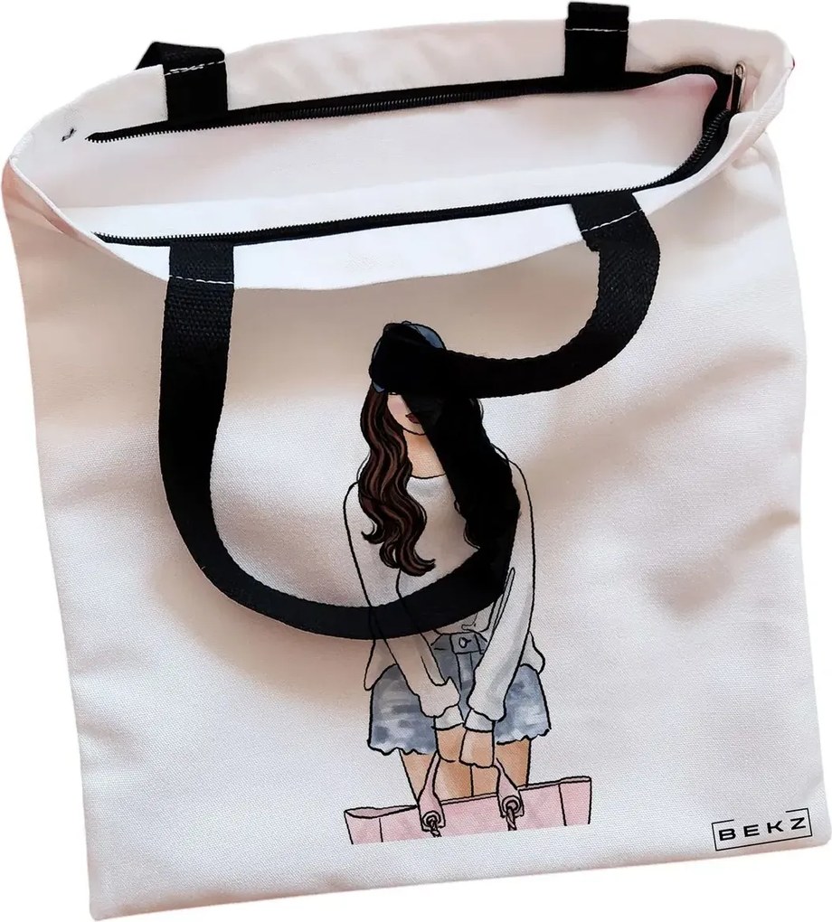 Sacosa de Panza pentru Cumparaturi, Geanta Tote, Travel Girl 6, Cu fermoar, 38x34.5 cm, Alba, BEKZ®