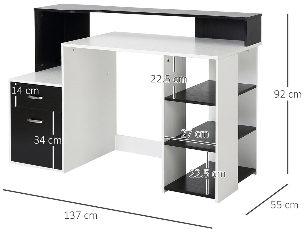 HOMCOM Masa de Birou Moderna pentru Computator cu Rafturi din Lemn MDF Alb si Negru 140x55x92cm | Aosom Romania