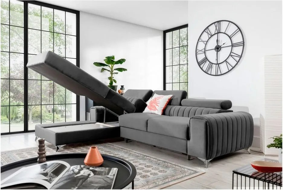 Colțar gri extensibil/cu spațiu de depozitare cu tapițerie din catifea (cu colț pe partea stângă/cu șezlong) Grayson – ELTAP