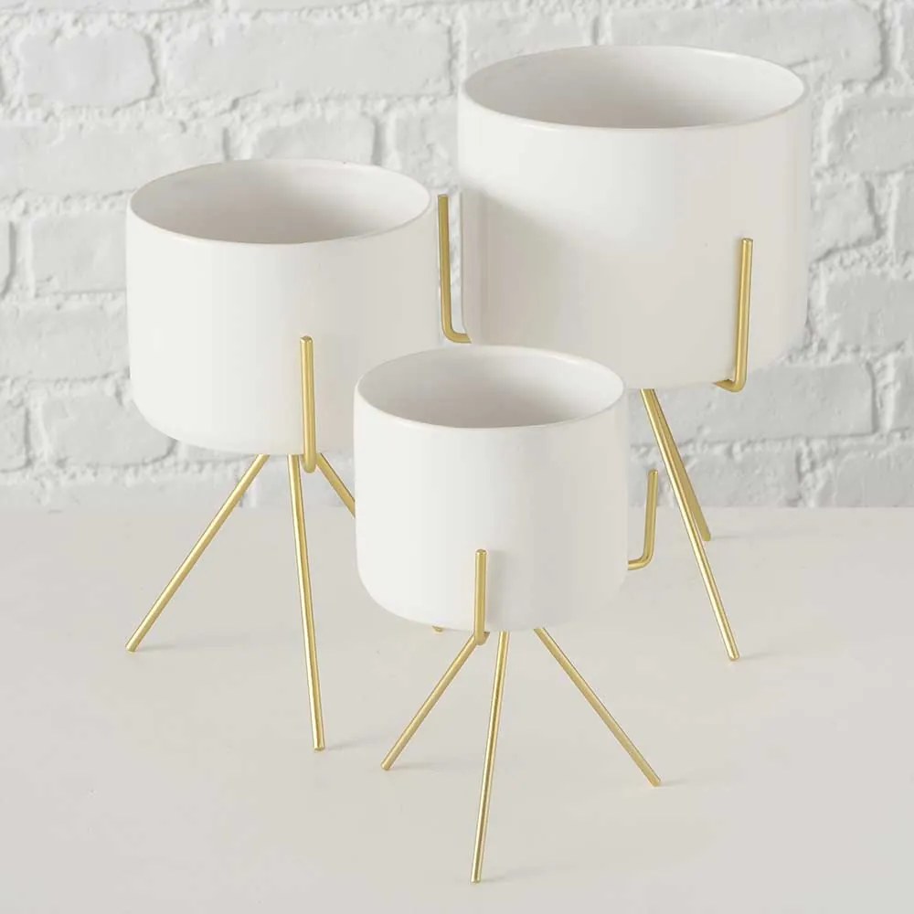 SUPORT GHIVECI, H 26 CM, CERAMICA/METAL, ALB/AURIU