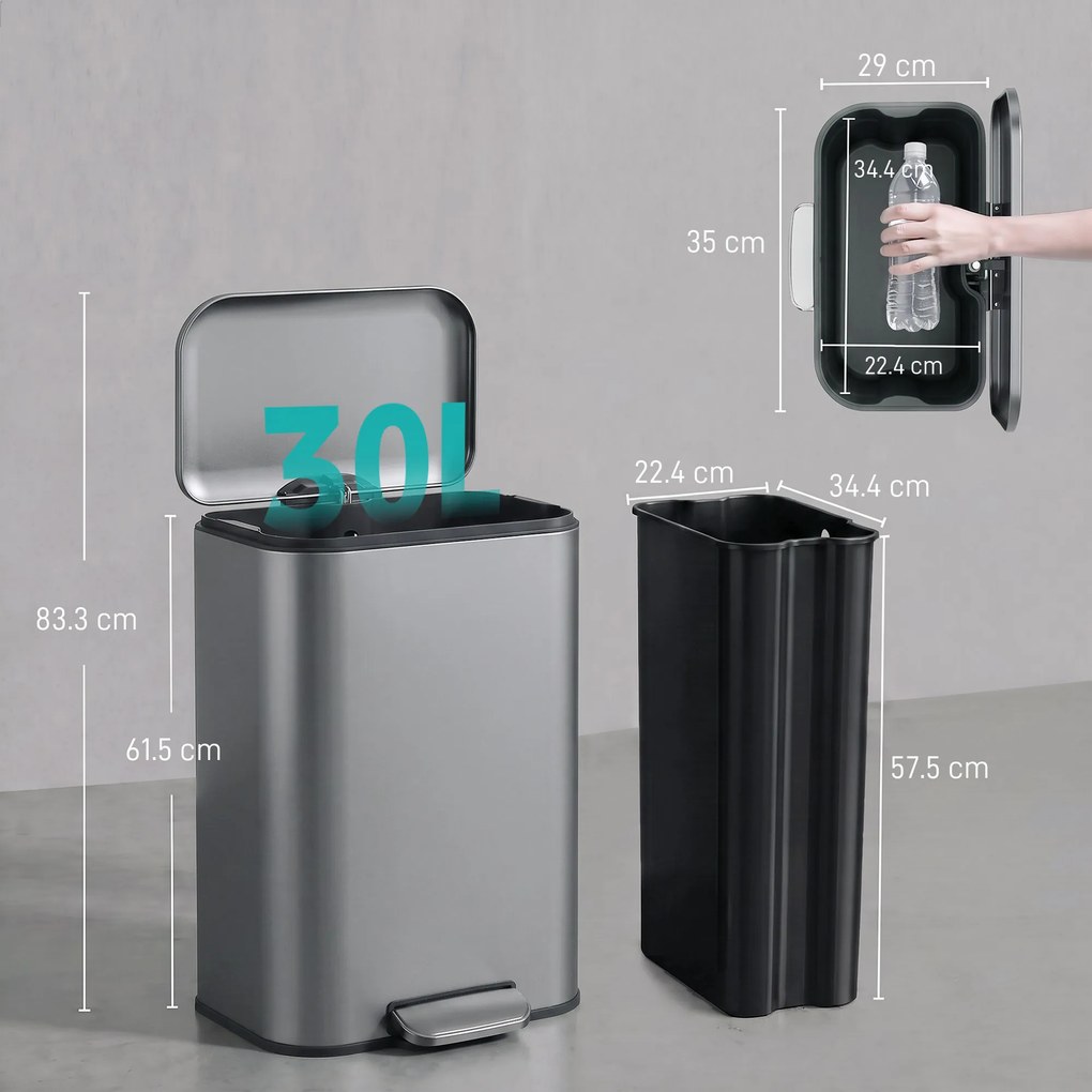 HOMCOM Coș de gunoi dreptunghiular cu pedală 30L, cu găleată interioară detașabilă, închidere silențioasă, mâner, gri închis | Aosom Romania
