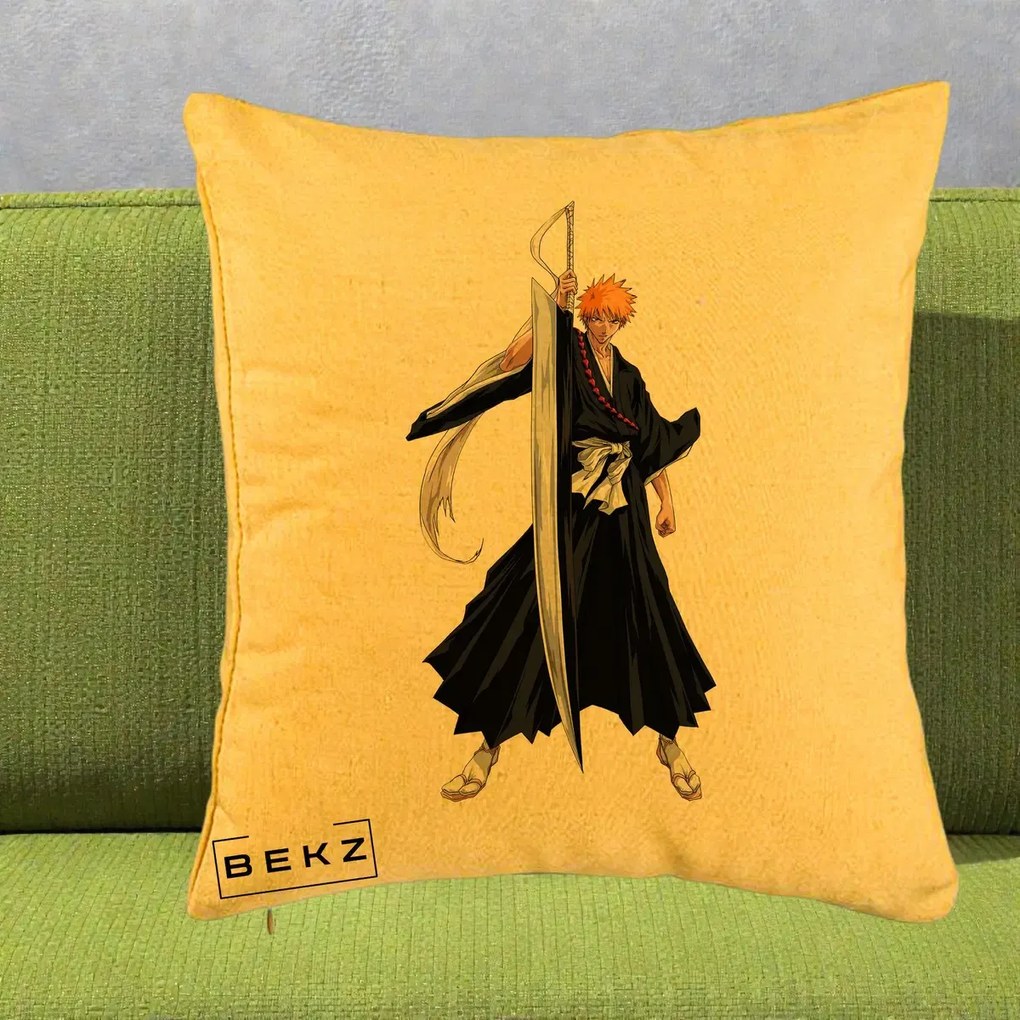Perna Personalizata Bleach Ichigo Kurosaki Zangetsu, 40x40 cm, Galben, Husa Detasabila, Perna Inclusa, BEKZ®