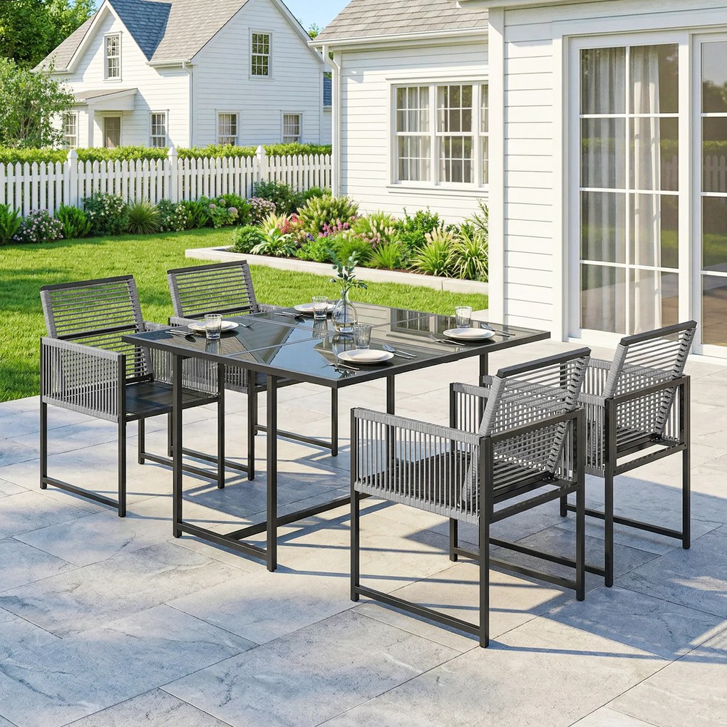 Outsunny Set mobilier grădină 5 piese masă din sticlă cu 4 scaune respirabile, spătare rabatabile, împletitură din sfoară | Aosom Romania