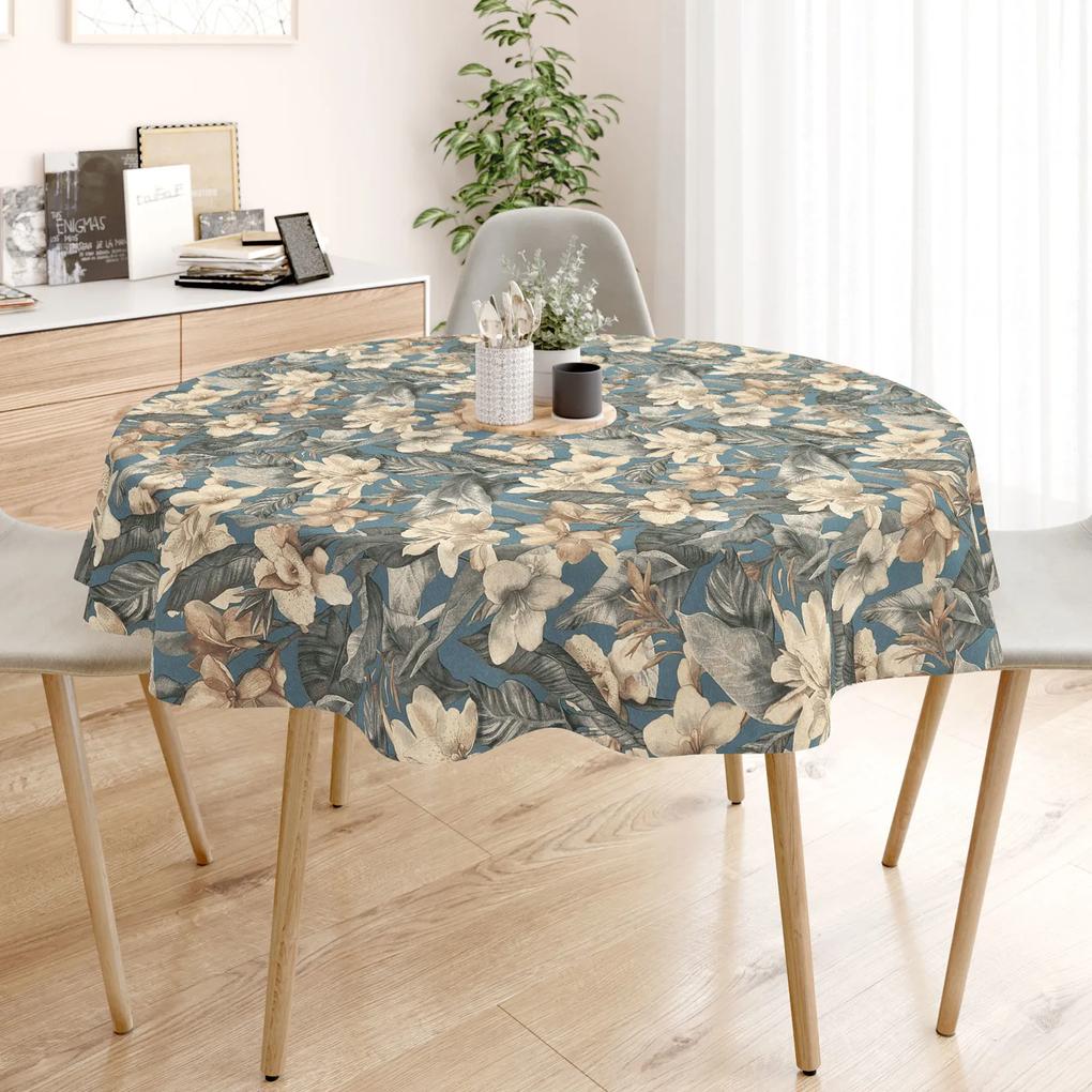 Goldea față de masă decorativă loneta - flori tropicale - rotundă Ø 110 cm