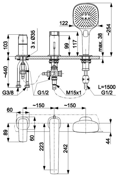 KFA Armatura 4525-210-31 - Baterie pentru cadă, 3 orificii MALAGA, auriu periat