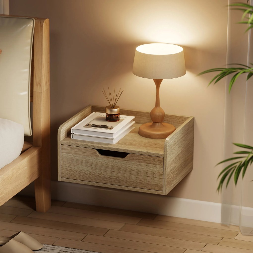 HOMCOM Set de 2 Noptiere de Perete Noptiere Suspendate cu 1 Sertar pentru Dormitor Cameră 40x30x19,5 cm Lemn Natural | Aosom Romania