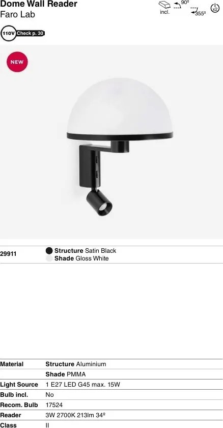 Aplica de perete neagra cu reader LED DOME