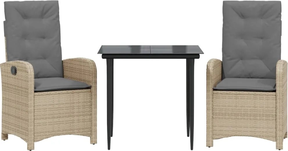 vidaXL Set de masă pentru grădină, 3 piese, cu perne, bej, poliratan