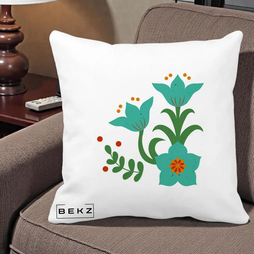 Perna Decorativa Flori Stilizate Folk Turcoaz, 40x40 cm, Alba Mata, Husa Detasabila, Perna Inclusa, BEKZ®
