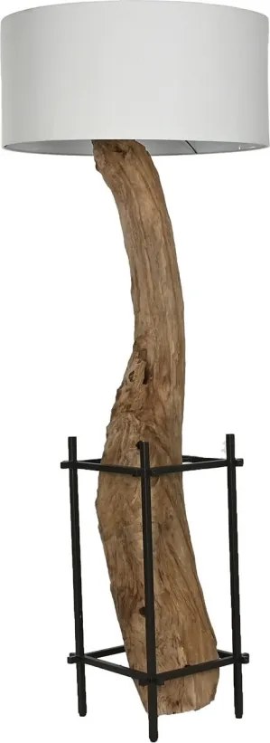 Lampadar din lemn de tec lucrat manual, natur, cu picior sculptat și raft din metal negru, finisaj natural, 200 x 75 x 75 cm, „Valencay”