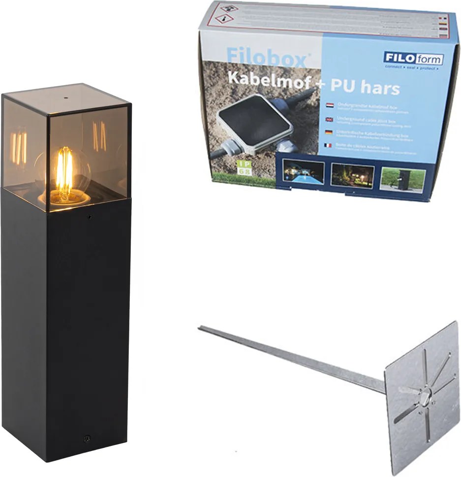 Lampă de exterior neagră cu sticlă fumurie, țepușă de sol și manșon de cablu 30 cm IP44 - Denmark