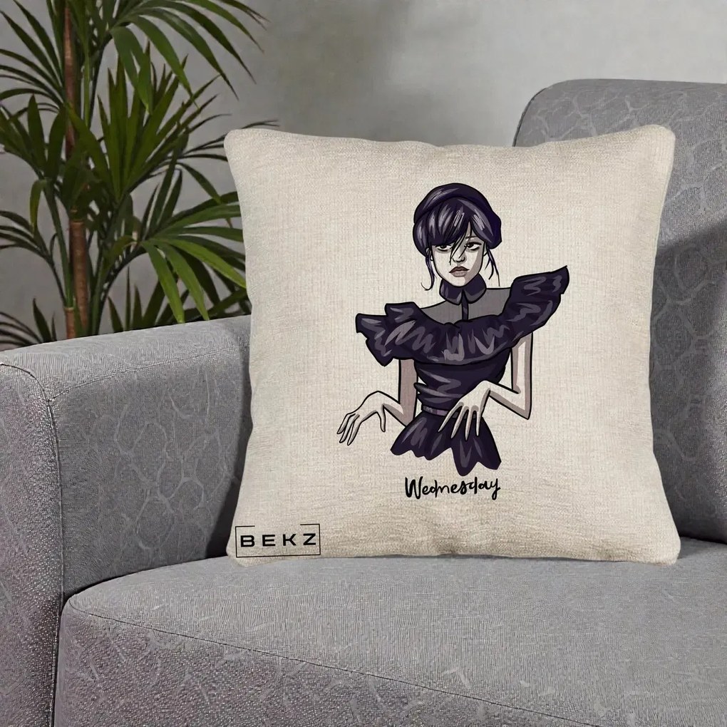 Perna Personalizata Wednesday Addams Dans Gotic, 40x40 cm, Bej Canapea, Husa Detasabila, Perna Inclusa, BEKZ®