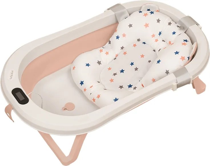 Cadita pliabila cu termometru electronic, hamac ajustabil si dop Kidizi Folda pink, certificat EN71, include furtun scurgere si baza antialunecare, 0-24 luni