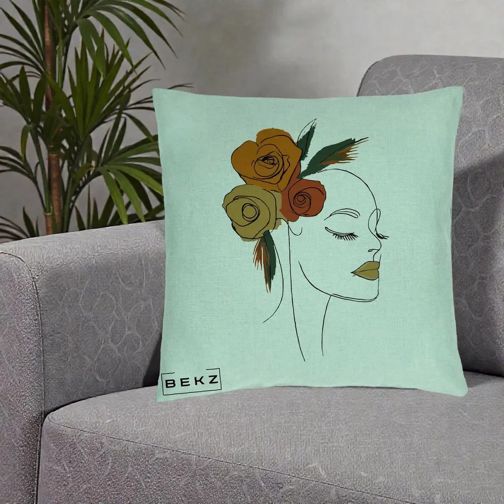 Perna Decorativa Portret Feminin Trandafiri Ruginii, 40x40 cm, Verde Menta, Husa Detasabila, Perna Inclusa, BEKZ®