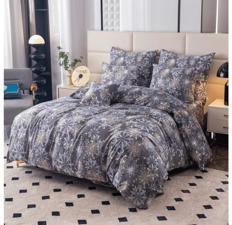 Set 2 bucati lenjerie din microfibra SNOWFLAKE albastru-gri + cearsaf Jersey 180x200cm alb, pat dublu