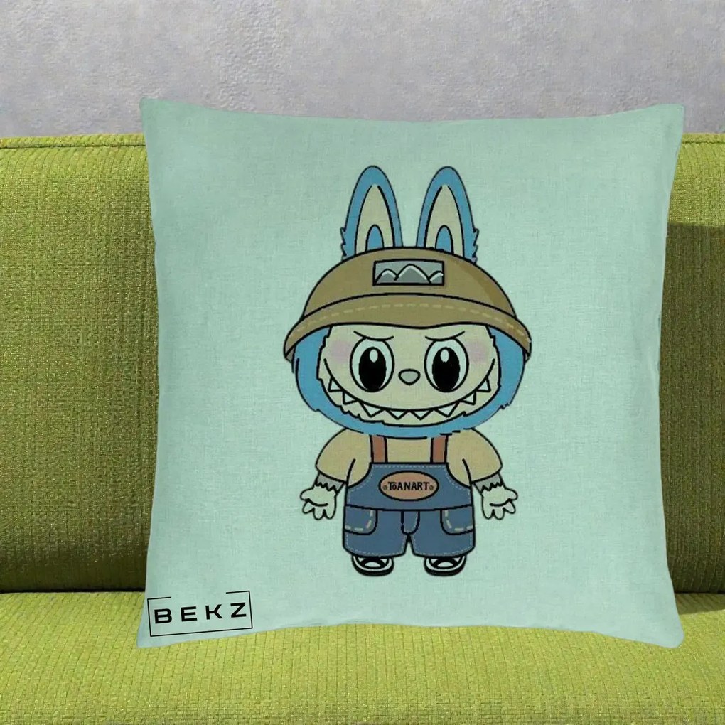 Perna Personalizata Labubu Toanart Blugi, 40x40 cm, Verde Menta, Husa Detasabila, Perna Inclusa, BEKZ®