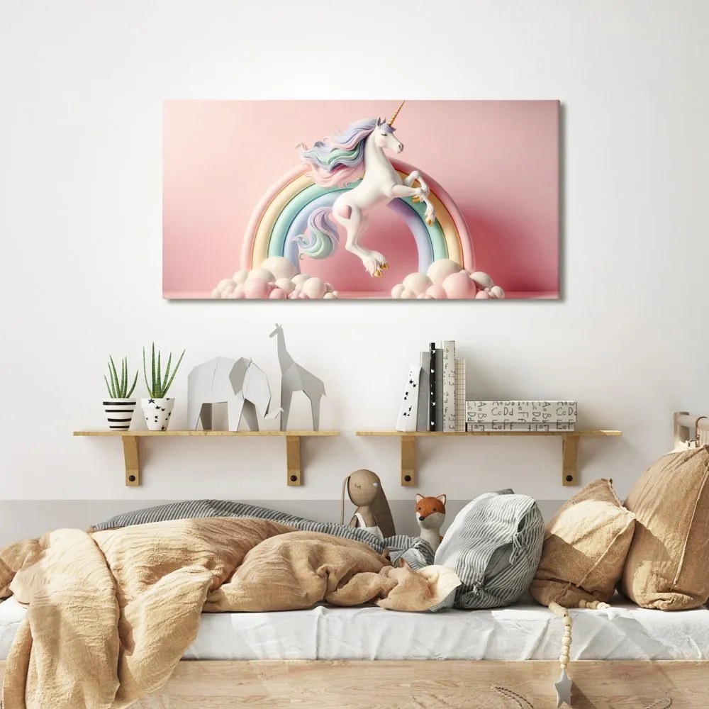 Tablou unicorn de poveste pe un curcubeu pastel