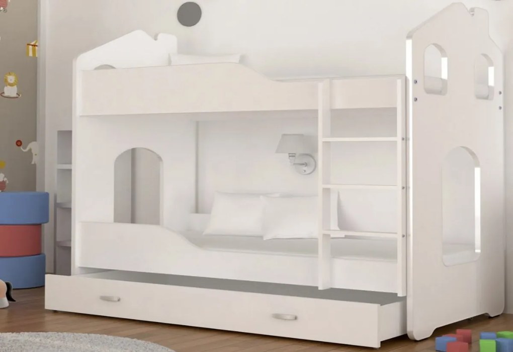 Supermobel Pat supraetajat copii DOMINIK 2 COLOR 2 Domek + saltea + somieră GRATIS, 160x80, alb/albastru