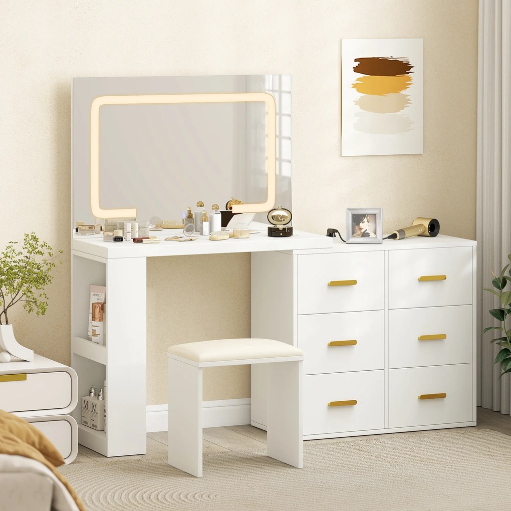 HOMCOM Toaletă cu oglindă și taburet, masă de machiaj cu iluminare LED reglabilă, 6 sertare, 118 x 78 x 135 cm, alb | Aosom Romania