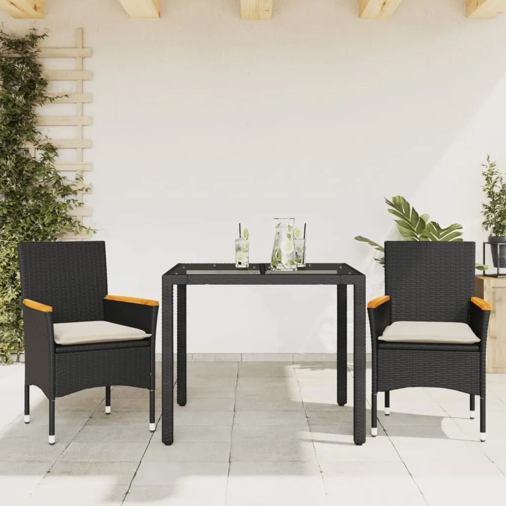 vidaXL Set mobilier de grădină cu perne 3 piese negru poliratan&amp;sticlă