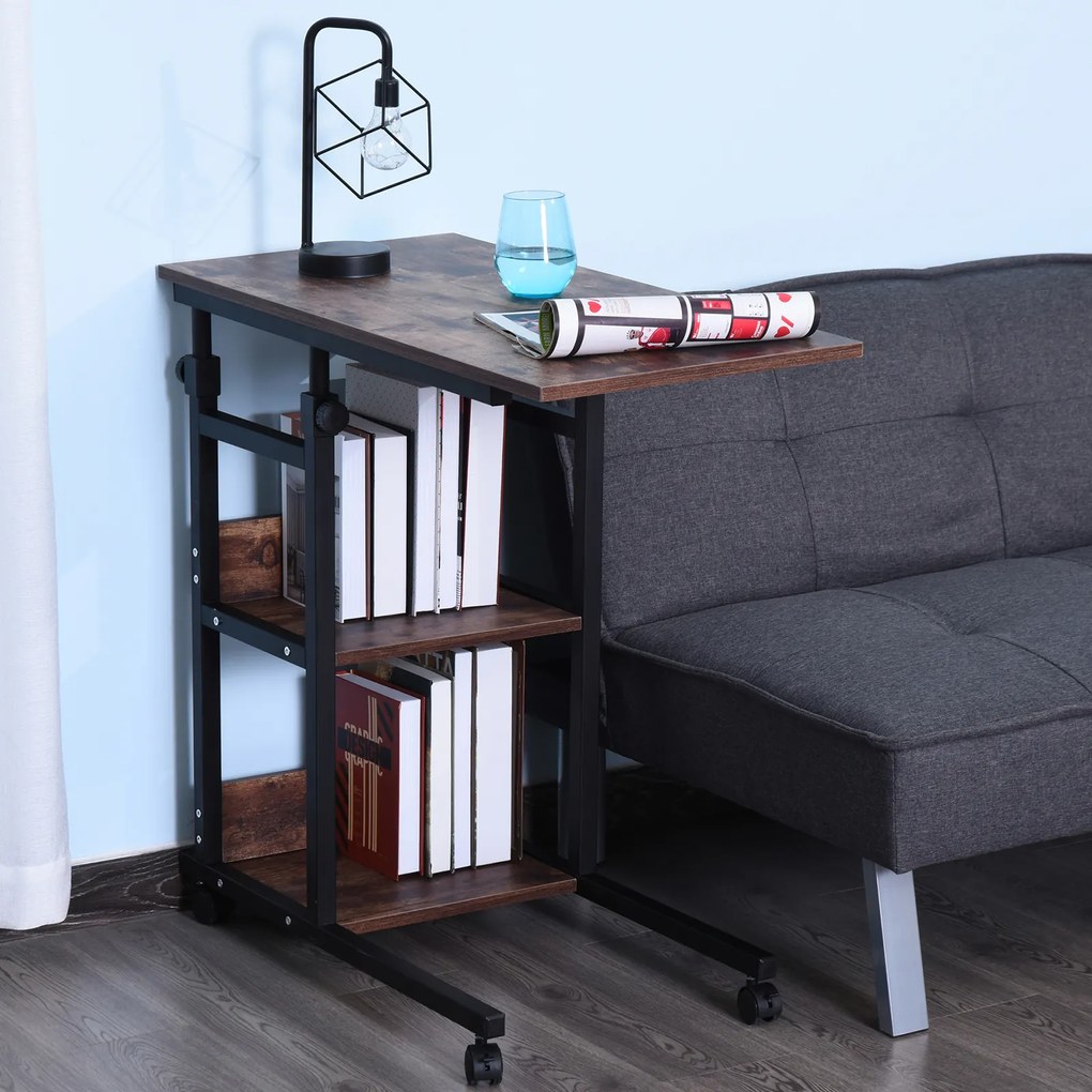 HOMCOM Masă auxiliară cu role, reglabilă pe înălțime, compactă, 2 rafturi, cadru metalic, 80x40x72-82 cm, Maro/Negru | Aosom Romania