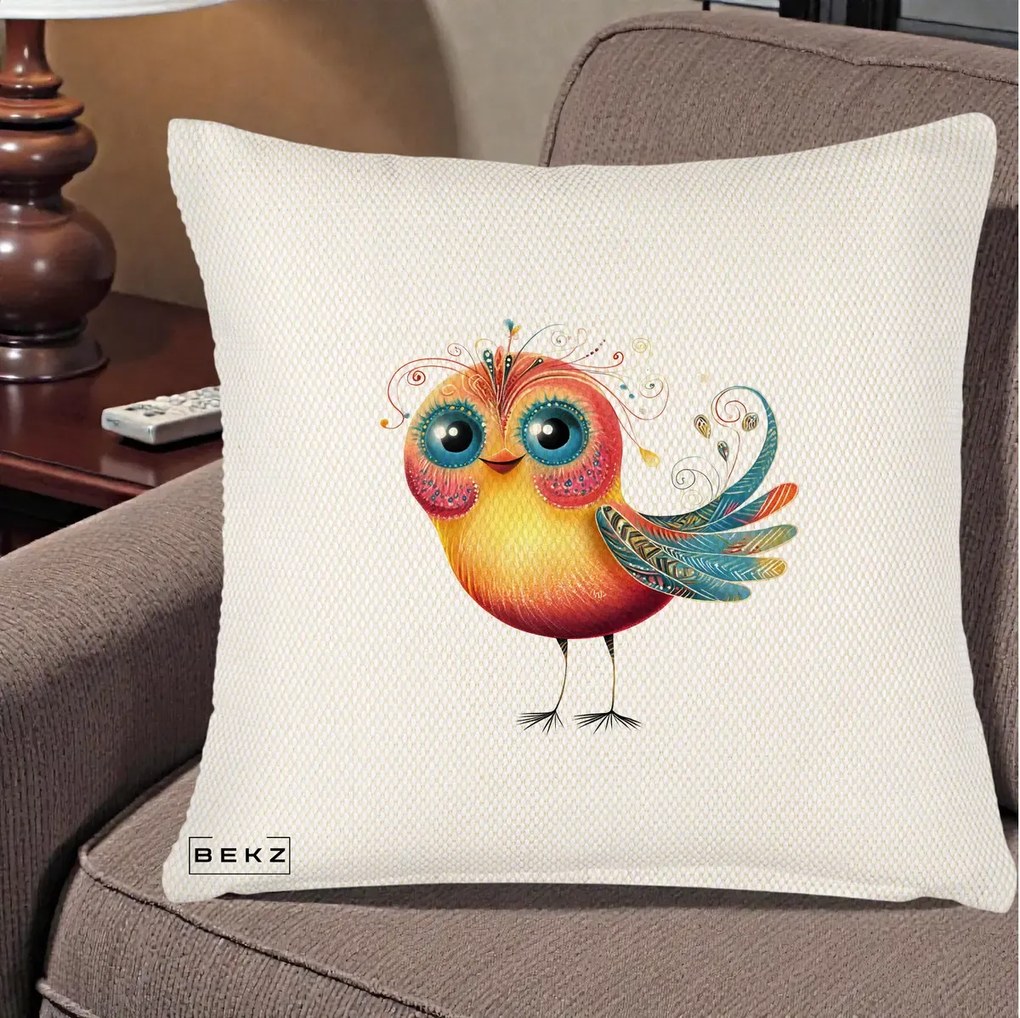 Perna Decorativa Pasare Vibranta cu Aripi Ornamentale, 40x40 cm, Crem Reliefat, Husa Detasabila, Perna Inclusa, BEKZ®