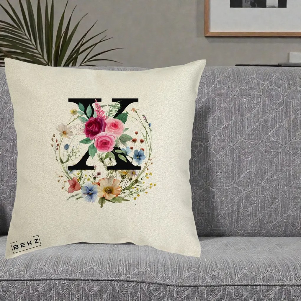Cadou Personalizat - Perna Personalizata Monograma Florala Litera X cu Coroana, 40x40 cm, Ecru, Husa Detasabila, Perna Inclusa, BEKZ®
